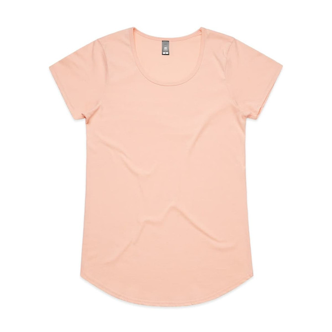 A soft peach-coloured T-shirt with a scoop neckline and short sleeves. It features a logo on the label.