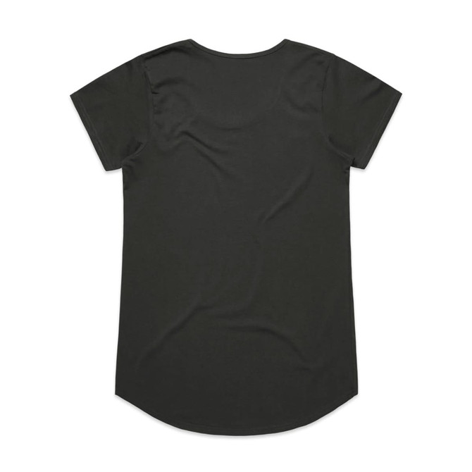 A black t-shirt with short sleeves and a rounded hem, featuring minimal design and a branding logo.