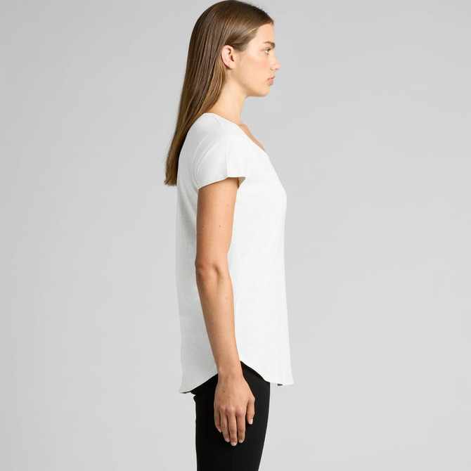 A white t-shirt featuring a side view of a model wearing it, with short sleeves and a curved hem.