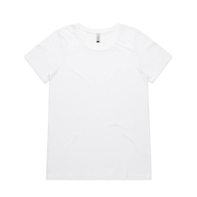 A white t-shirt with a round neckline and short sleeves. It features a logo on the tag.