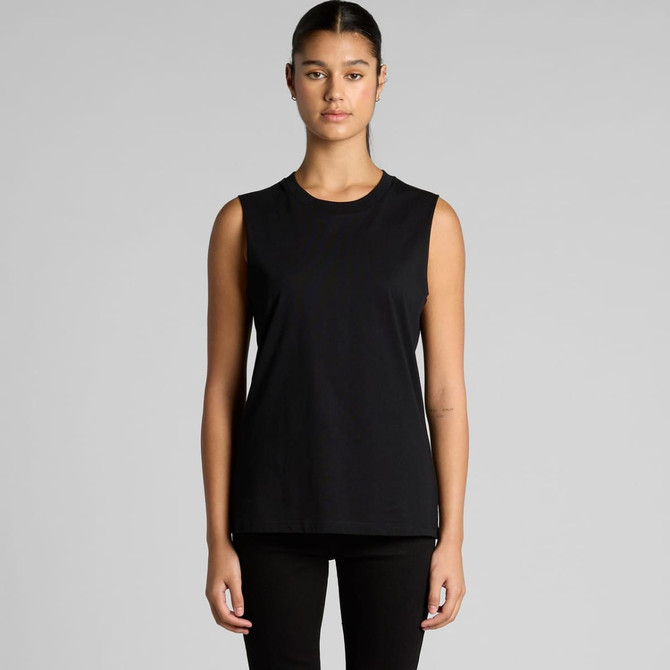A black sleeveless tank top with a classic cut. The model is standing against a neutral background.