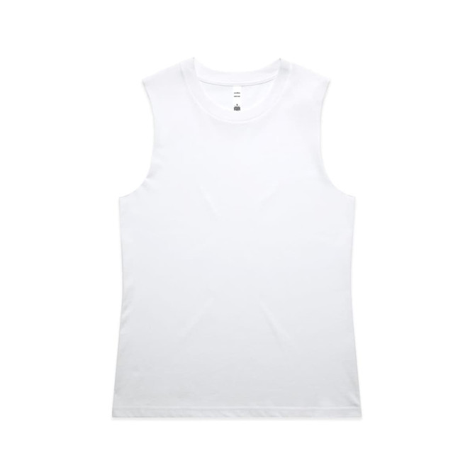 A white tank top with a fitted design, featuring a logo at the neckline.