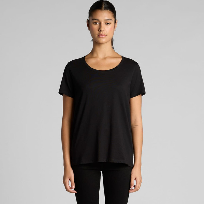 A black scoop neck T-shirt featuring short sleeves and a relaxed fit. The shirt has a logo.