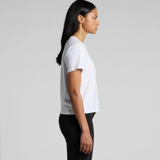 A white T-shirt with short sleeves, featuring a side view of the garment and a model. The shirt has a logo.