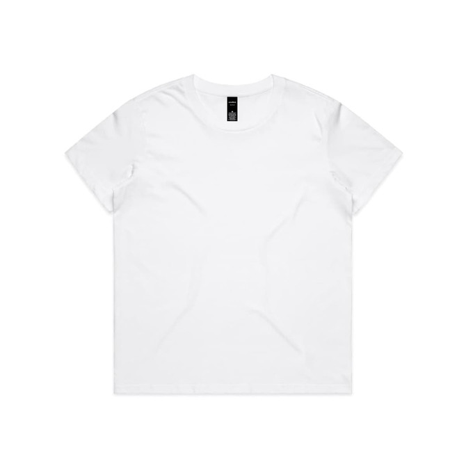 A white short-sleeved T-shirt with a round neckline and a logo at the collar.