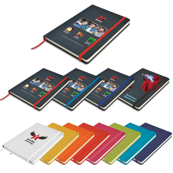 A collection of notebooks in various colors, including black, white, orange, pink, green, and blue, with elastic bands and logos.