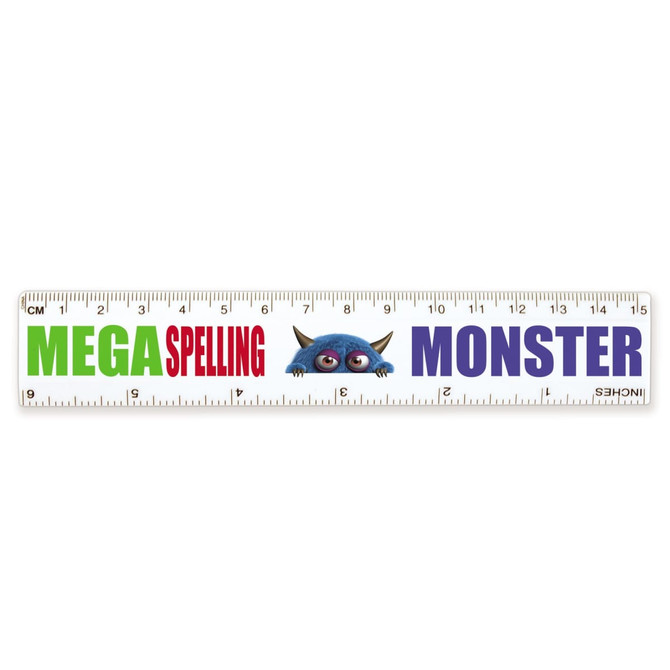 A ruler featuring the text "MEGA Spelling MONSTER" alongside a cartoon monster graphic, designed with a colorful design.