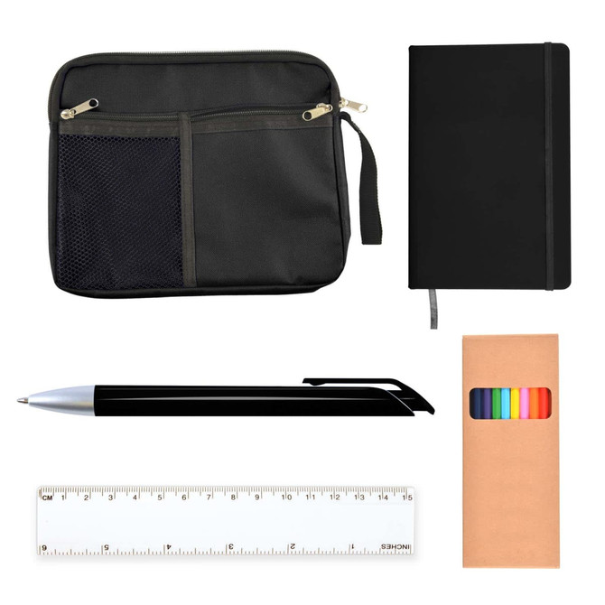 A black notebook, a black pen, a clear ruler, a multi-color marker set, and a black zippered pouch.