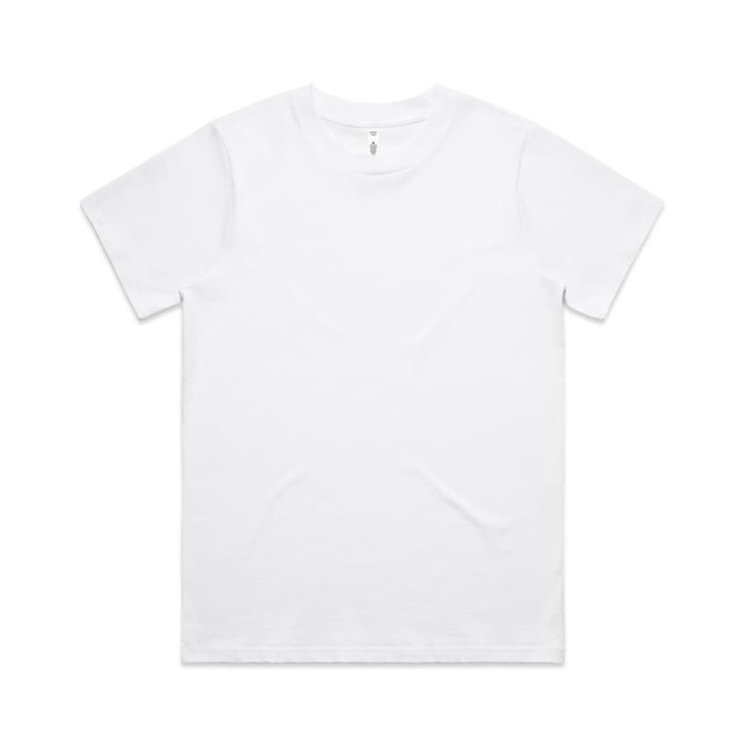 A white classic t-shirt with a simple design and a crew neck. It features a subtle branding logo.