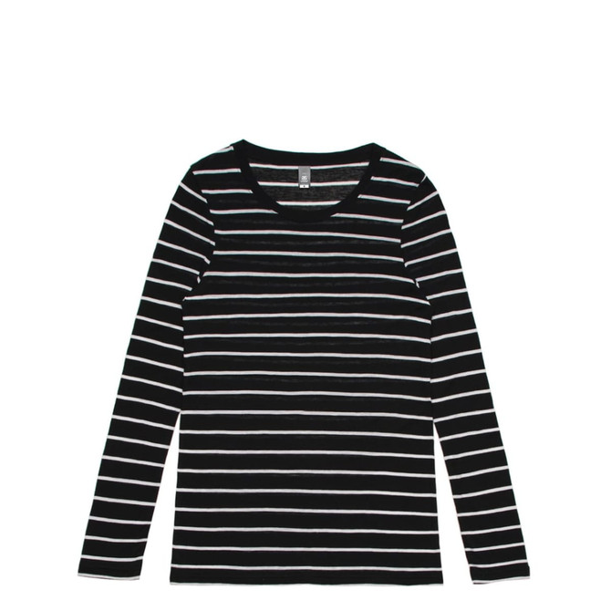 A black and white striped long sleeve t-shirt with a round neckline and a logo on the label.