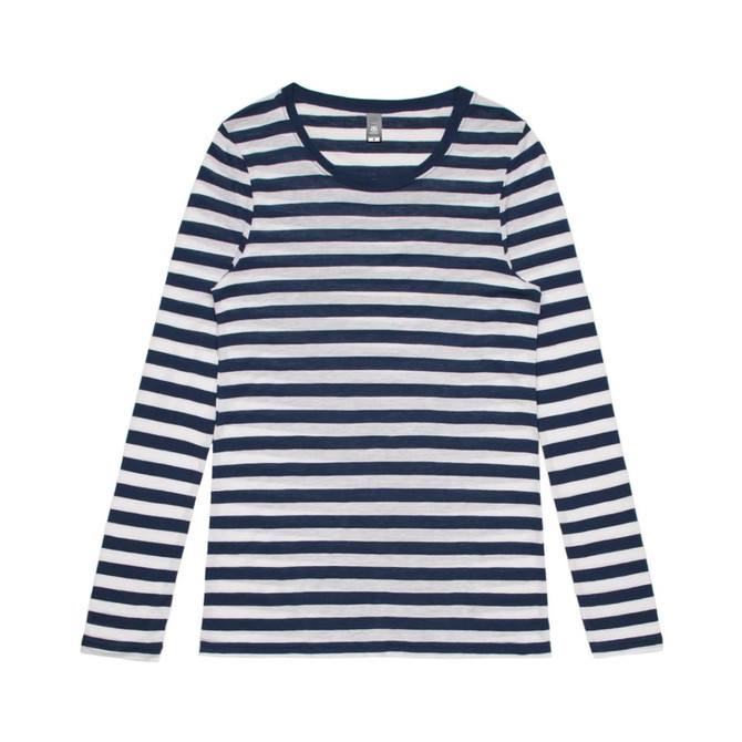 A long-sleeve tee featuring navy and white horizontal stripes. It has a crew neck and includes a branding logo.