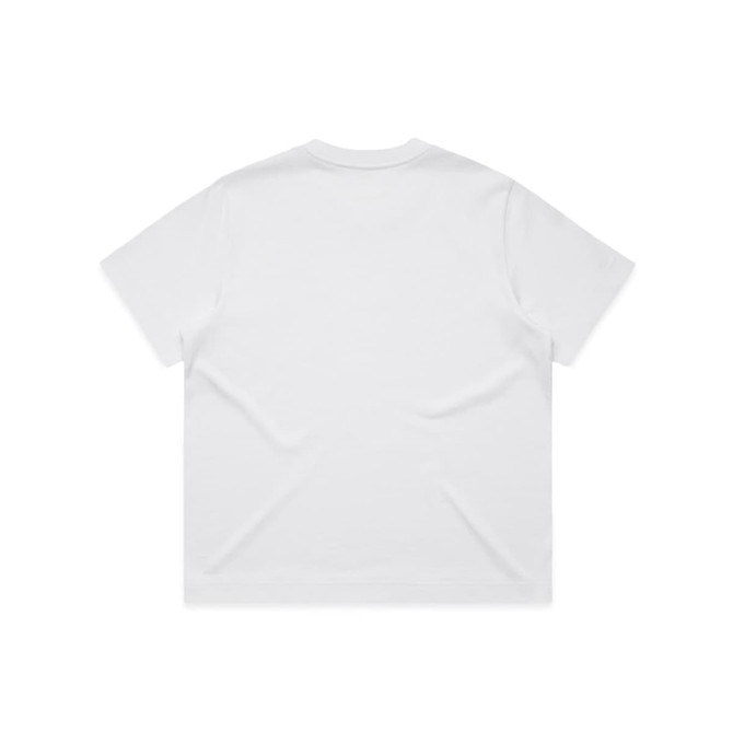 A plain white t-shirt with a simple design, featuring a straight cut and short sleeves.