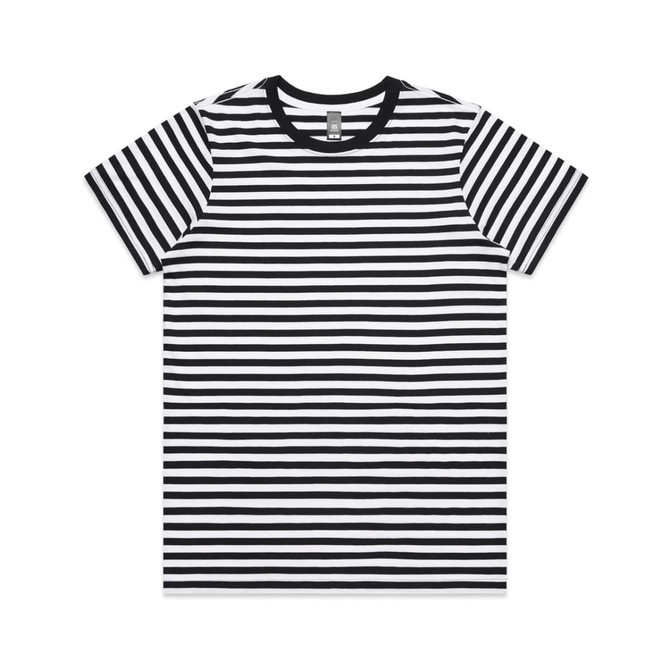 A black and white striped T-shirt featuring a crew neck and short sleeves, with a label inside.