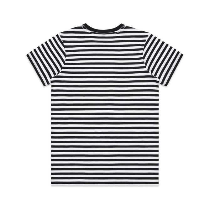 A black and white striped t-shirt with short sleeves and a crew neckline, featuring a logo on the back.