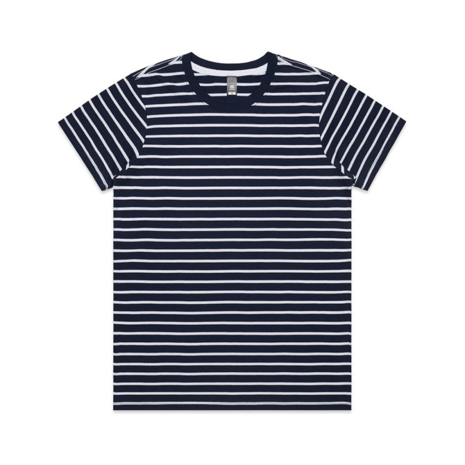 A navy blue and white striped T-shirt with short sleeves and a round neckline, featuring a logo.