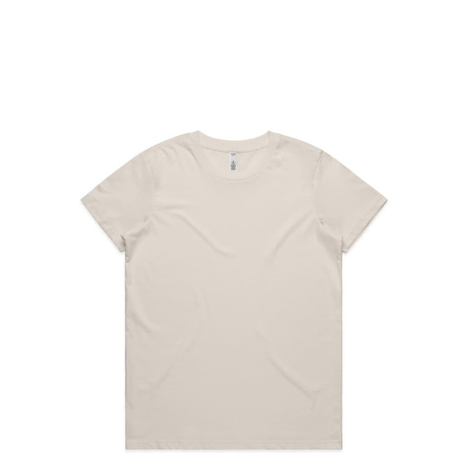A plain beige t-shirt with a crew neck and short sleeves. It features a small logo on the inside tag.