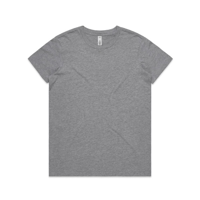 A grey basic t-shirt with a round neckline and short sleeves, featuring a logo tag.
