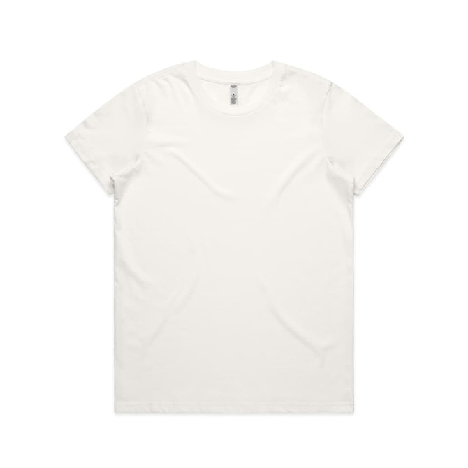 A plain white t-shirt, featuring a crew neck and short sleeves, with a logo on the inside label.
