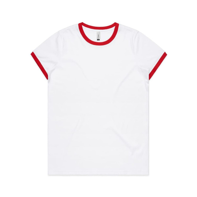 A white T-shirt featuring a red ringer collar and sleeves, with a logo on the tag inside.