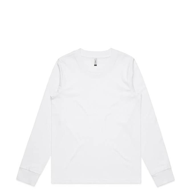 A white long-sleeve T-shirt with a crew neck and cuffs. Features a logo on the interior label.