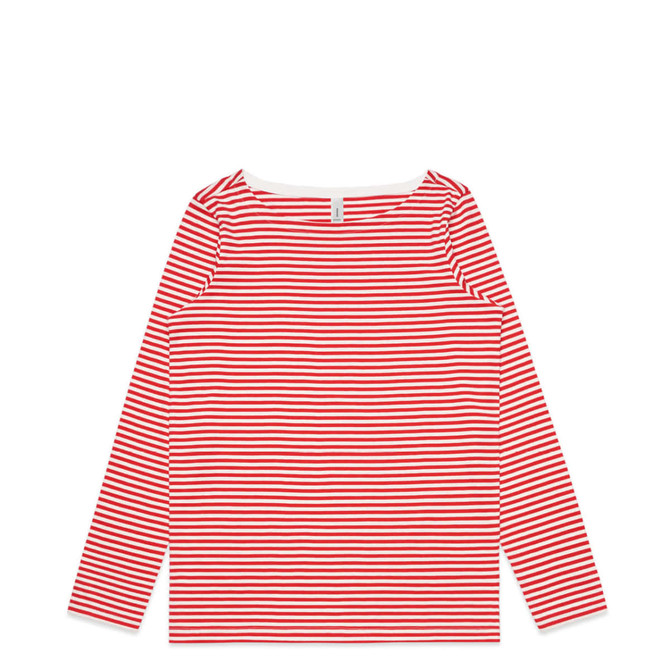 A long-sleeved T-shirt featuring red and white horizontal stripes, with a rounded neckline and a logo.