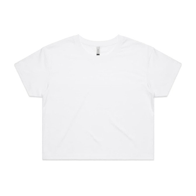 A white crop tee with a round neck and short sleeves, featuring one logo.