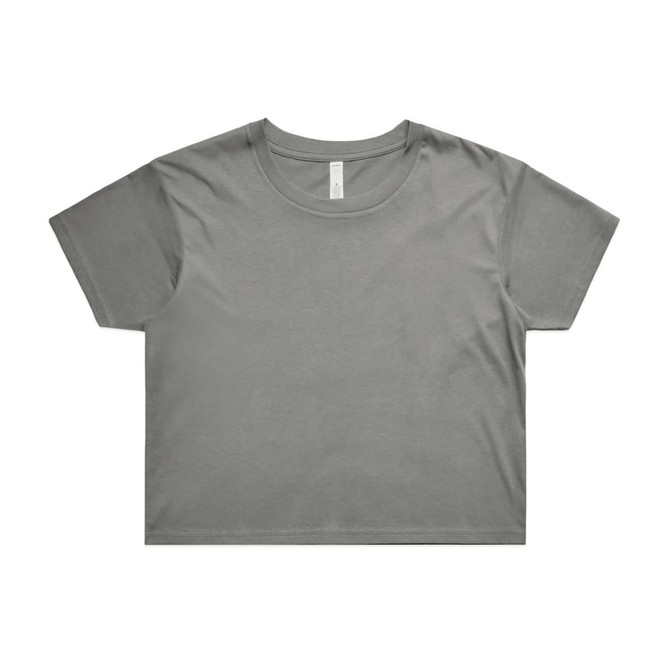 A grey crop tee with a rounded neckline and short sleeves, featuring a branded label inside.