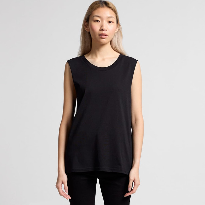 A sleeveless black tank top displayed on a model, featuring a simple design and a branding logo.