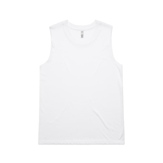 A plain white singlet tank top featuring a logo. The garment has no sleeves and a simple design.