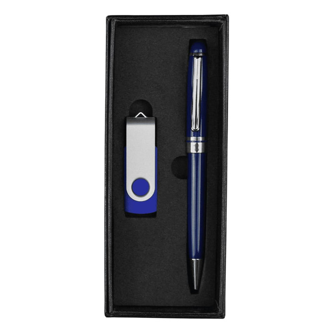 A sleek blue pen and an 8GB USB drive presented in a black gift box with a smooth interior.
