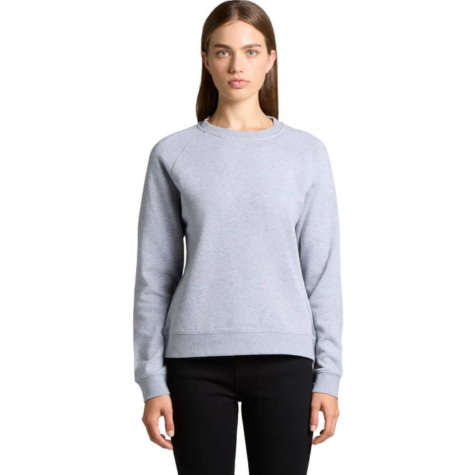 A light grey jumper with long sleeves and a round neckline, featuring a fitted waist and a logo.