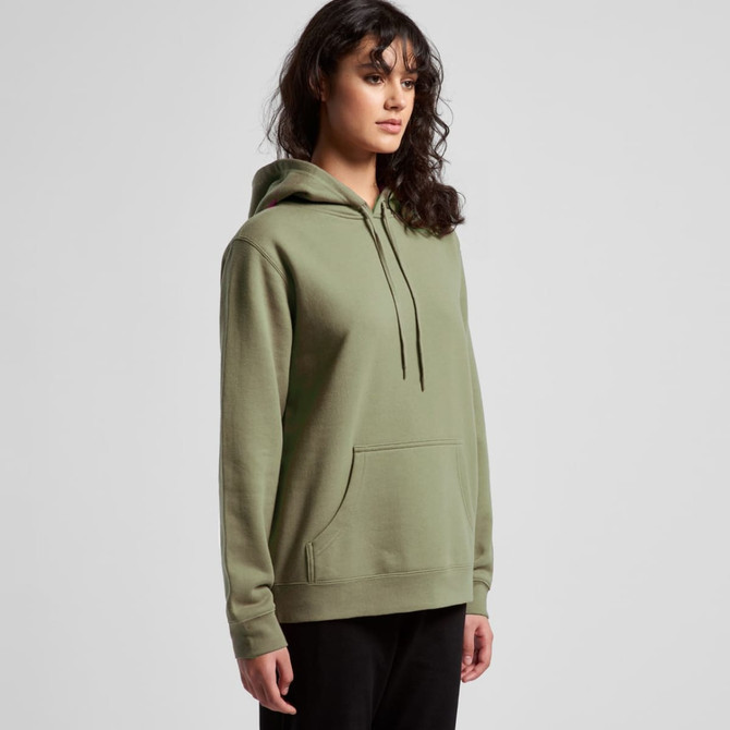 A green hoodie with a front pocket and a drawstring hood is displayed on a model. It has a logo.