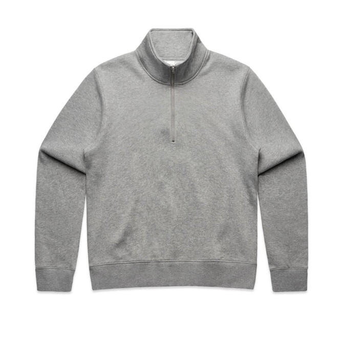 A grey half zip crew jumper with a collar and a logo on the chest.
