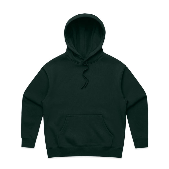 A dark green hoodie featuring a front pocket and a drawstring hood. It has a simple design and includes a logo.
