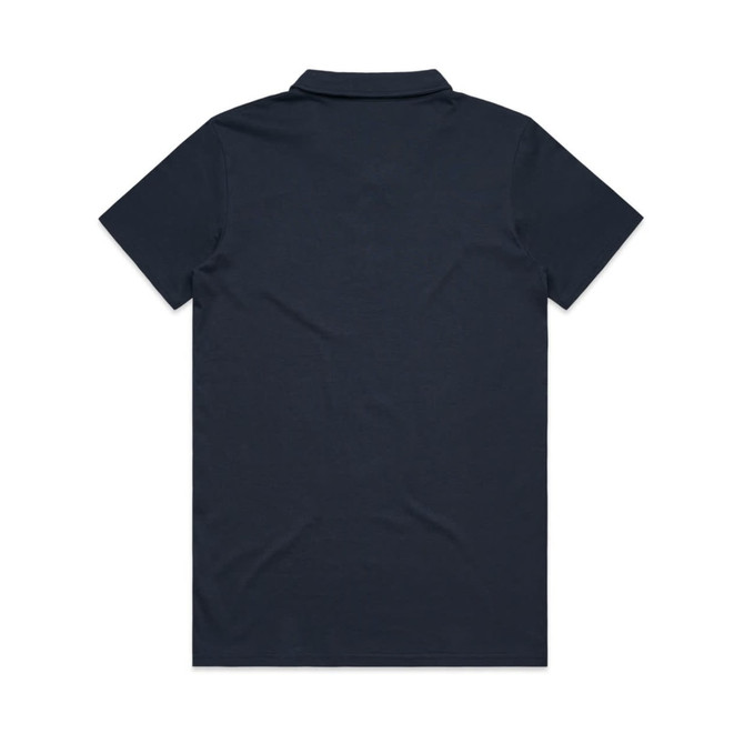 A dark navy polo shirt with a collar and short sleeves, featuring a logo on the front.