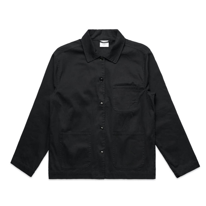A black chore jacket featuring a button-up front, collar, and multiple pockets. It has a logo on the chest.