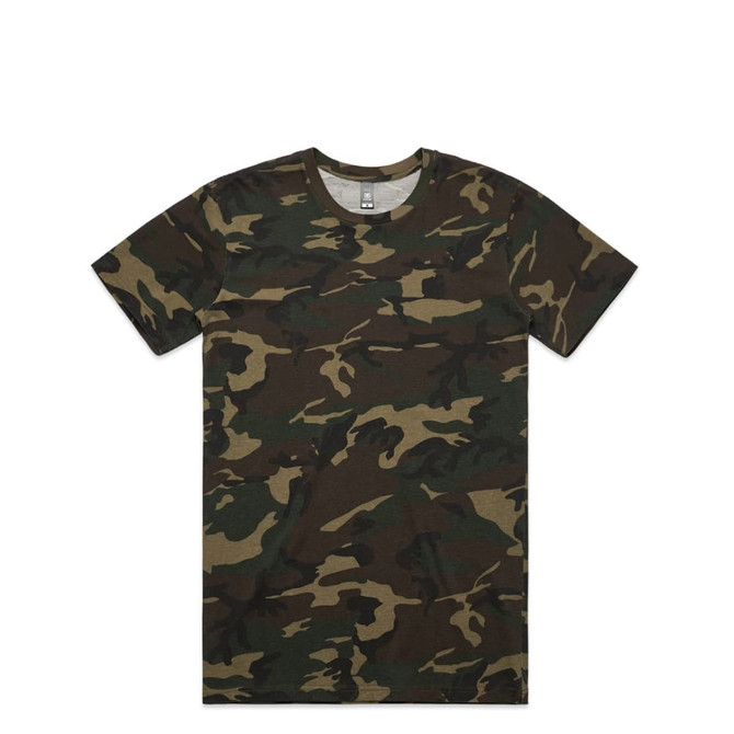 A camouflage t-shirt in various shades of green and brown, featuring a round neckline and short sleeves.