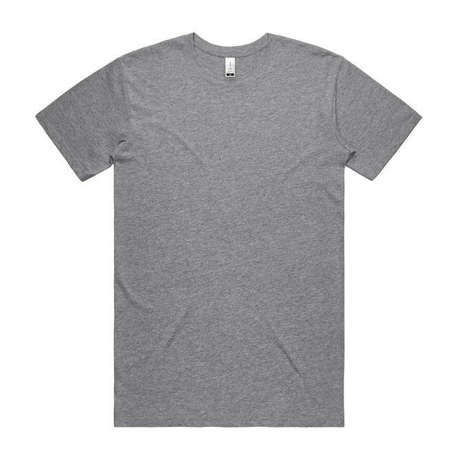 A grey organic t-shirt featuring short sleeves and a round neckline, with a logo on the label.