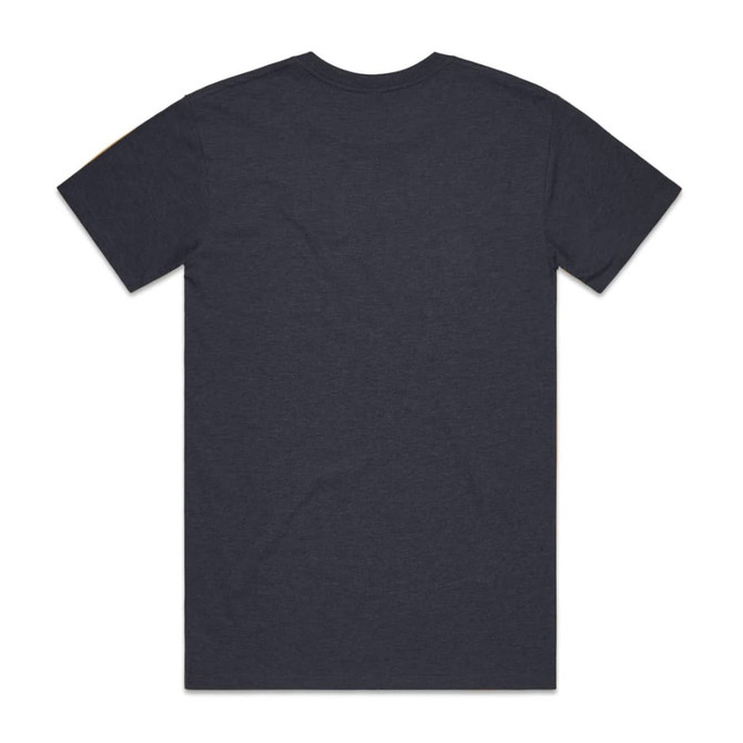 A dark grey t-shirt with short sleeves and a round neckline. The back view is displayed.