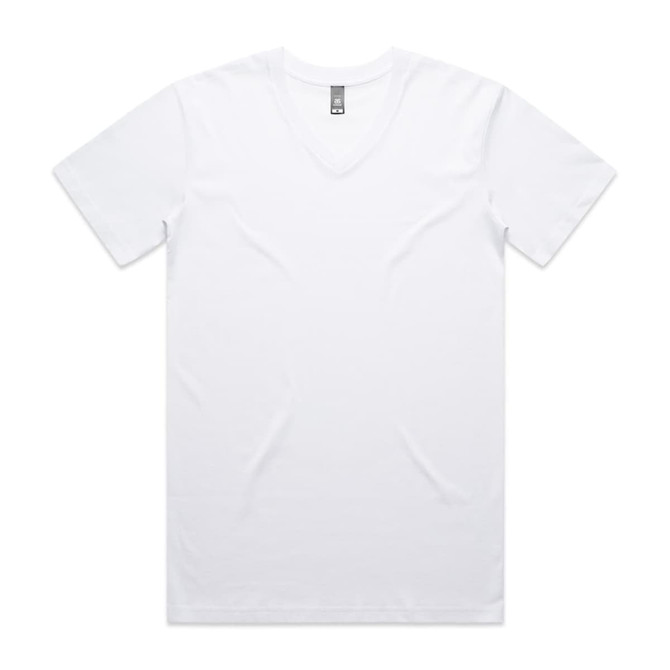 A white V-neck T-shirt featuring short sleeves and a branded label at the neckline.
