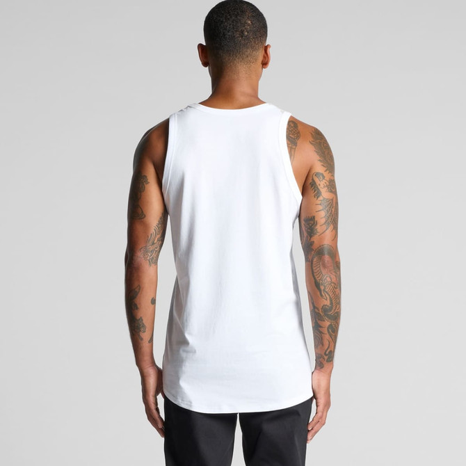 A white singlet featuring a plain design, viewed from the back, highlighting a model's tattooed arms.