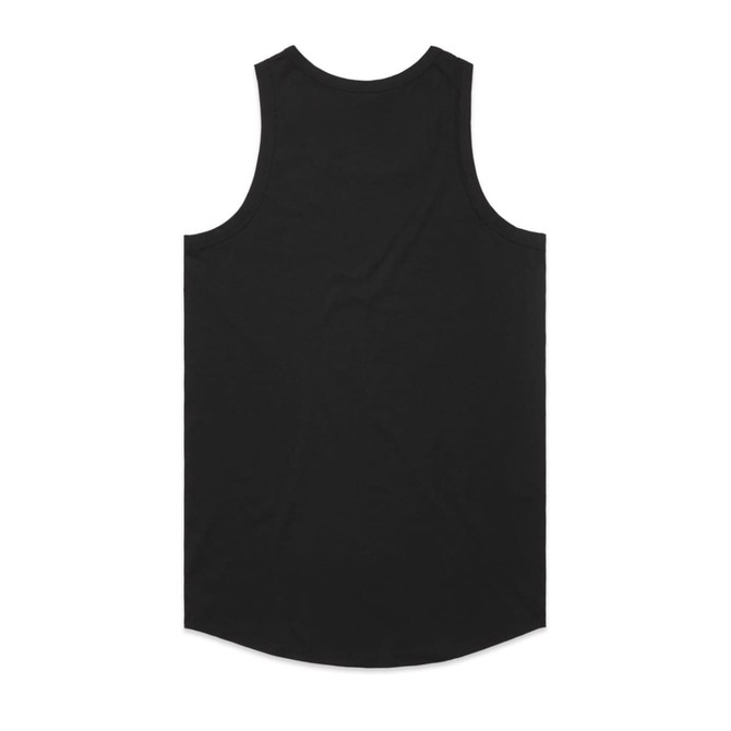 A black singlet with a round neckline and no sleeves, featuring a logo on the back.