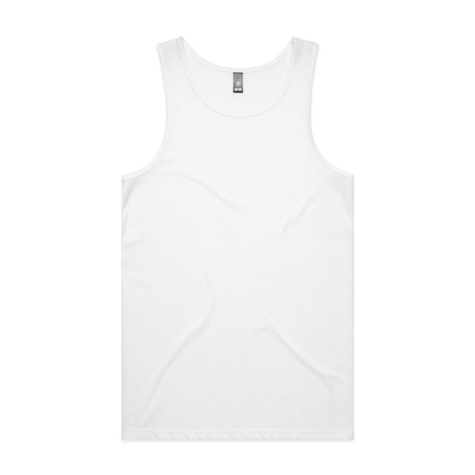 A plain white singlet featuring a logo at the neckline, made from a smooth fabric.