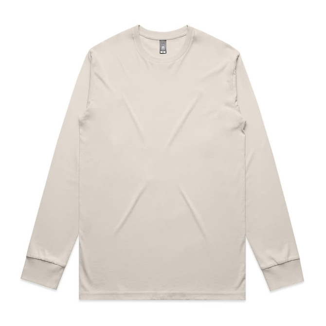 A long-sleeve t-shirt in a light beige colour, featuring a simple design and a logo on the label.