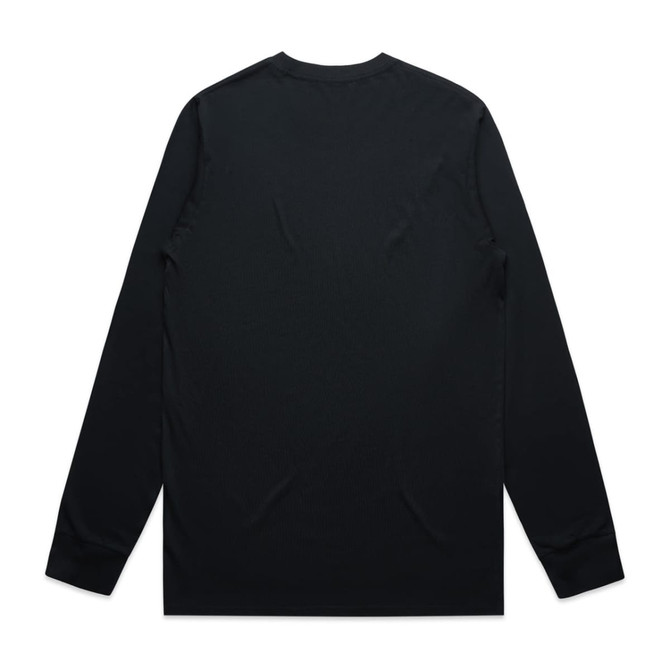 A black long-sleeve T-shirt featuring a smooth back design and fitted sleeves. It has a branding logo.
