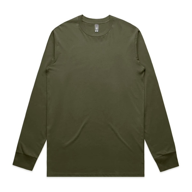 A long sleeve t-shirt in olive green with a crew neckline and branding on the label.