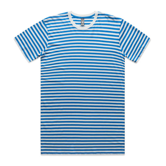 A striped T-shirt featuring blue and white stripes, with a round neckline and short sleeves. It has a logo.