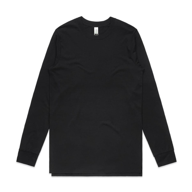 A long-sleeve black organic T-shirt with a round neck and a branded label.