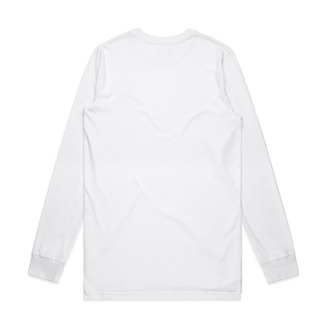 A plain white long-sleeve t-shirt with a simple design and a logo on the back.