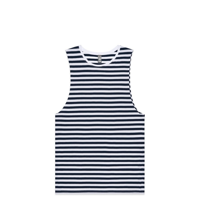 A striped singlet in navy blue and white, featuring a round neckline and a branding label.